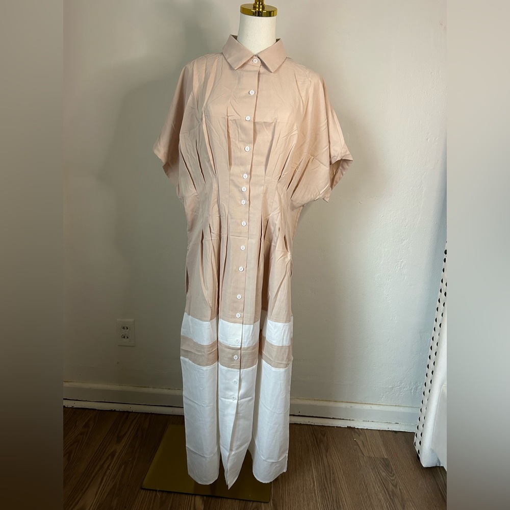 Neutral Beige & White Button-Front Maxi Shirt Dress - Picture 13 of 13
